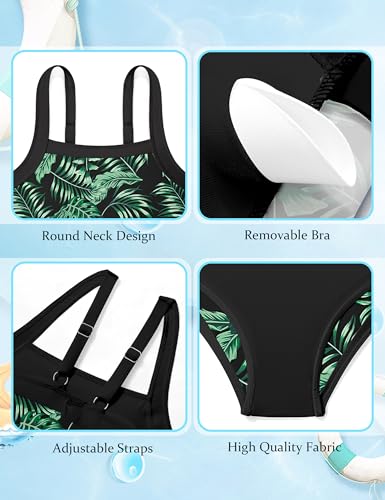 Image of Shallmu Girls Swimsuits Color Block Adjustable Thick Strap One Piece Bathing Suits with Cover Up Skirt Girl's Swimwear 9-16Y