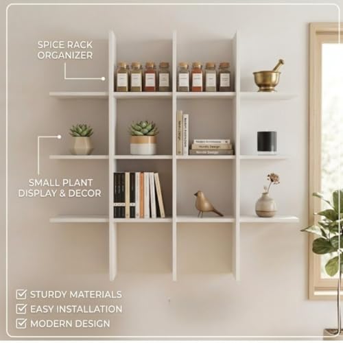 Image of Modern Wooden Wall Shelf for Living Room & Bedroom - Decorative Wall Mounted for Books, Showpieces & Home Decor - Multi-Compartment Floating Wall Organizer Full White