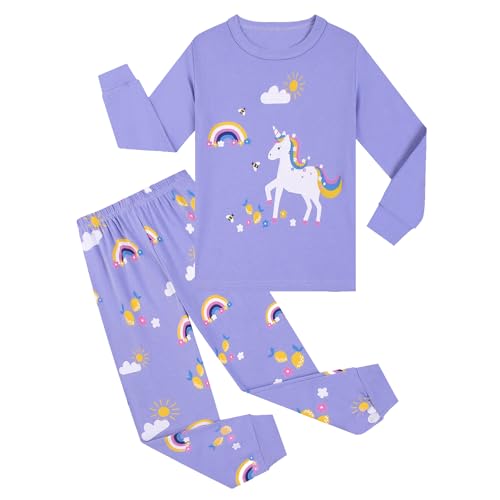 Pilipulu Mädchen Schlafanzüge Langarm Baumwolle Einhorn Schlafanzug Kinder Unicorn Pyjama Set Nachtwäsche 134 Lila/Einhorn