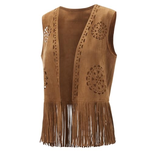 Women Fringe Vest 70s Hippie Faux Suede Rivets Sleeveless Tassel Waistcoat Boho Western Jacket Cardigan2
