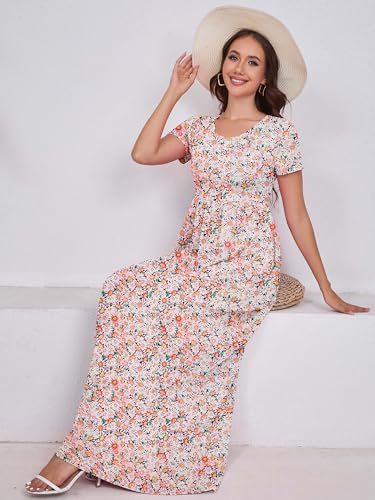 Image of DEARCASE Maxi Dress for Women Short Sleeve Casual Summer Loose Plain Comfy Long Dresses with Pockets