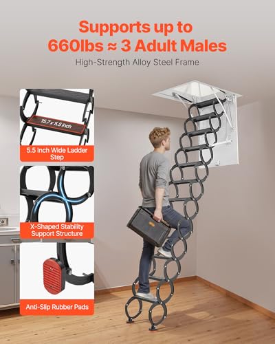 Image of VEVOR Attic Ladder, 660LBS /299.4KG Capacity, Fits 9.5 to 10.2 ft Ceiling Height and 39.4 x 27.5 inch Opening Size, Alloy Steel Pull-Down Retractable Ceiling Stair with Pulling Rod for Attic Loft Roof