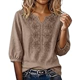 ZTFYKLIN Blusenshirt Damen Damen-Top Baumwoll-Leinen-Mischgewebe Mit Echter Stickerei, Atmungsaktiv Und Hautfreundlich (Brown, XL) Langarm Shirts Sommer Elegant Bluse Trompetenärmel 70Er