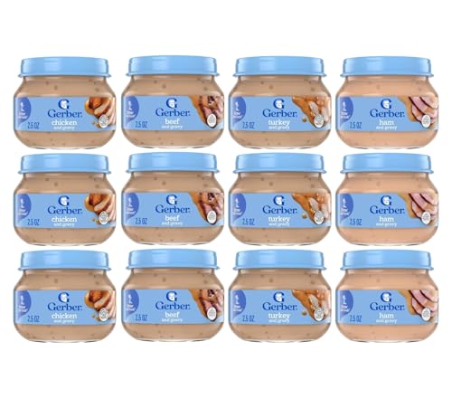 Gerber 2nd Foods 12 Total 2.5 OZ Jars of Each Flavor (3 Turkey & Turkey Gravy, 3 Ham and Ham Gravy, 3 Chicken & Chicken Gravy, 3 Beef and Gravy)