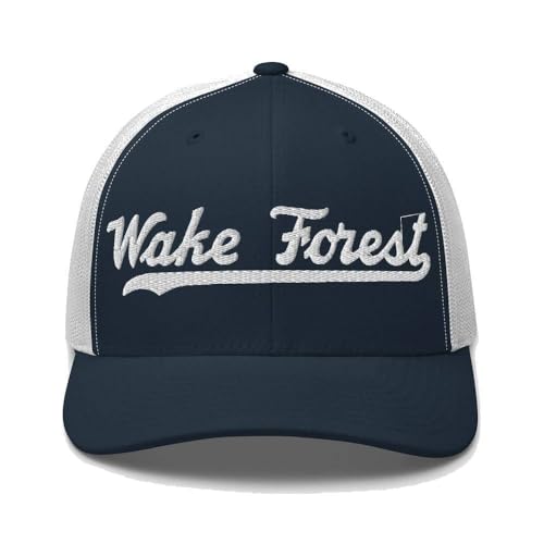 Wake Forest Hat Wake Forest Trucker Hat Baseball Script Embroidered Cap Vintage Sports Mesh Swoosh Gift Souvenir Headwear NC Navy/White