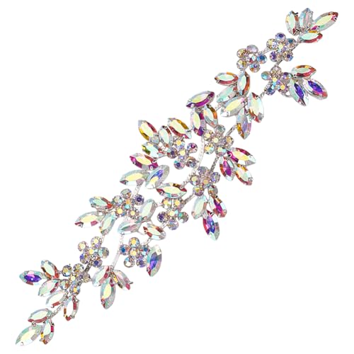 FINGERINSPIRE Aplique de costura plateado con diamantes de imitación de 220 x 65 x 6 mm, apliques de cristal de color AB para boda, manualidades, apliques de flores y hojas de diamantes de imitación