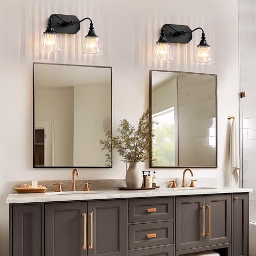 Image of LmnLvn 2-Light Bathroom Vanity Light, Matte Black with Crystal Glass Shade