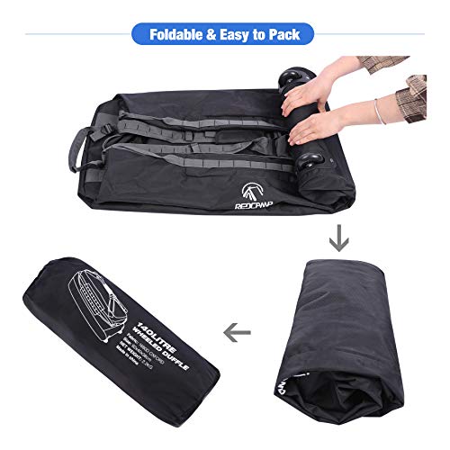 REDCAMP 140L Foldable Duffle Bag with Wheels and Backpack Straps, 1680D Oxford Extra Large rolled Duffel Bag backpack for Camping Travel Gear, Black