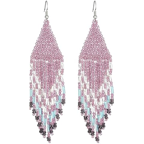 long beaded fringe earrings for women (Pink N) Cover