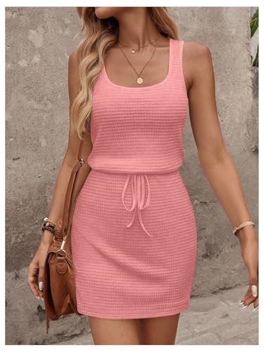 Image of RoseSeek Women's Waffle Knit Belted Tank A Line High Waisted Dresses Square Neck Sleeveless Summer Short Dress