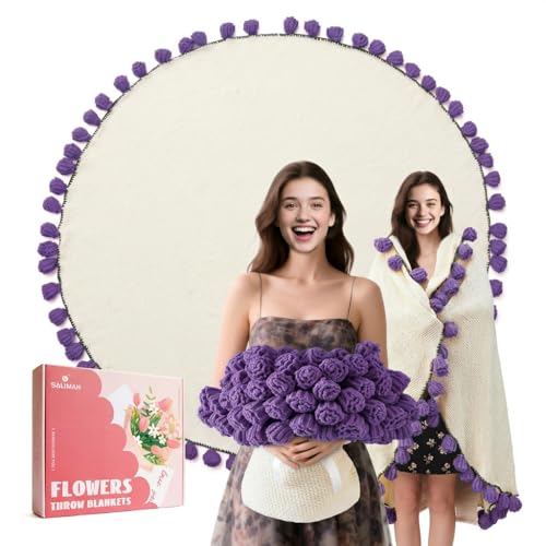 Image of Flower Bouquet Blanket, Gifts for Mom Daughter Grandkids Her Wife Girlfriend, Completed Crochet Flower Blanket,Soft Knitted Throw Blankets,Housewarming Gifts for Birthday Anniversary (Purple Roses)