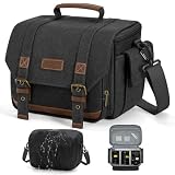 RAINSMORE Sac pour Appareil Photo Bandoulière Vintage en Toile Imperméable, Sacoche pour Appareil Photo Reflex et Hybride avec Housse de Pluie, Support Trépied et Fermetures SBS