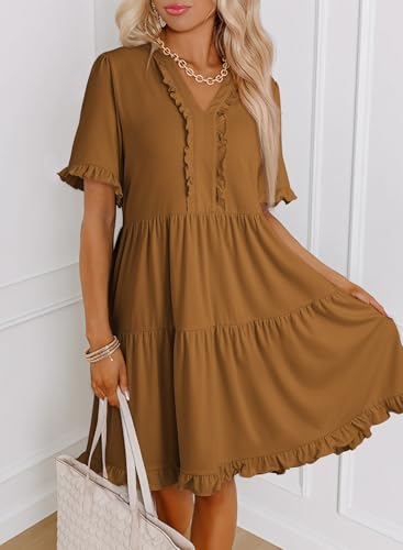 Image of Dokotoo Womens Summer Dresses 2026 V Neck A Line Short Sleeve Casual Ruffle Babydoll Mini Dress