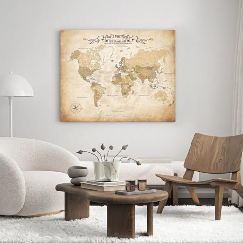 Image of DECORARTS - Large World Travel Map with Pins, Pin Board Canvas Wall Art, Antique Vintage Old World Maps for Wall, Giclee Print, Handcrafted in USA, 35x28''