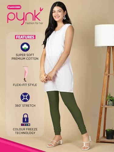 Image of Lux Cozi PYNK Solid Premium Cotton Lycra Churidar Leggings for Women | Regular Fit Elastic Waist Full Length Women Leggings | Free Size