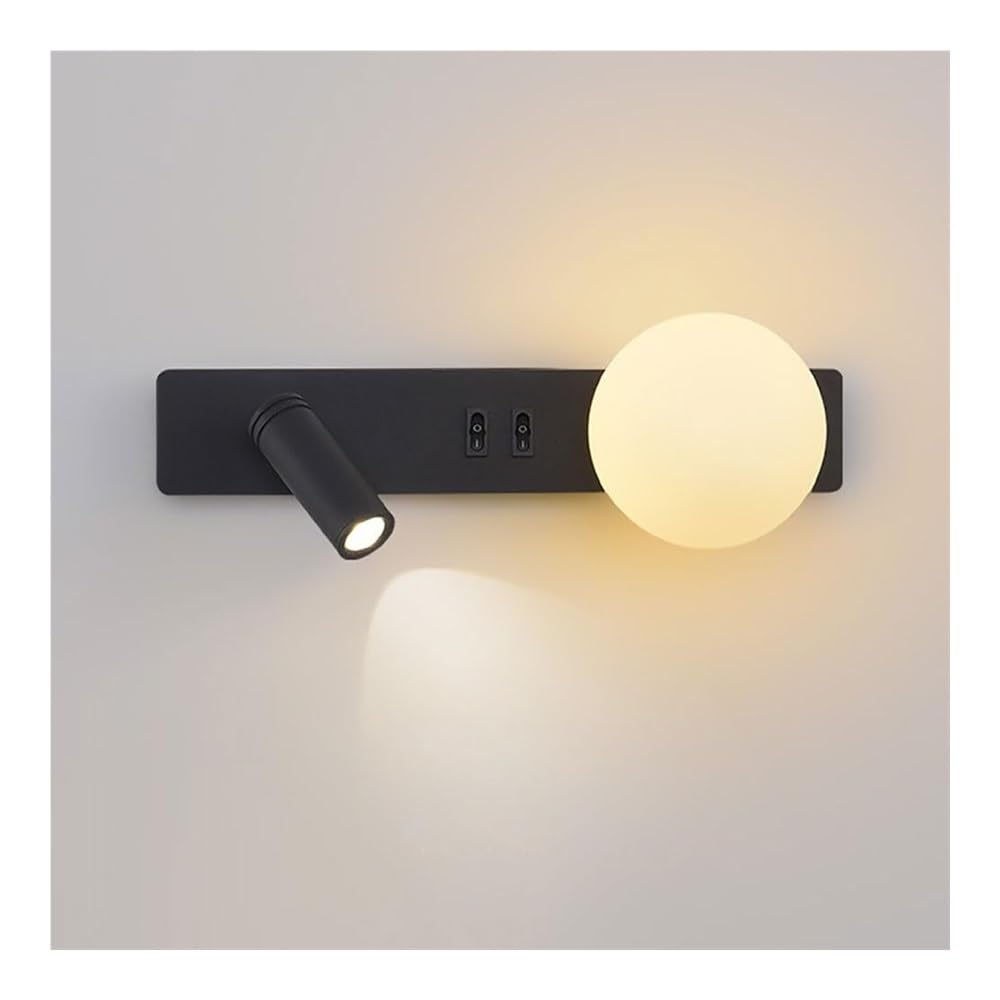 SMCCYYSD Adjustable Reading Wall Lamp Black Metal Lantern Spherical Acrylic Lampshade Sconce with Spotlight for Bedroom Bedside Living Room Study Corridor Entryway Restaurant