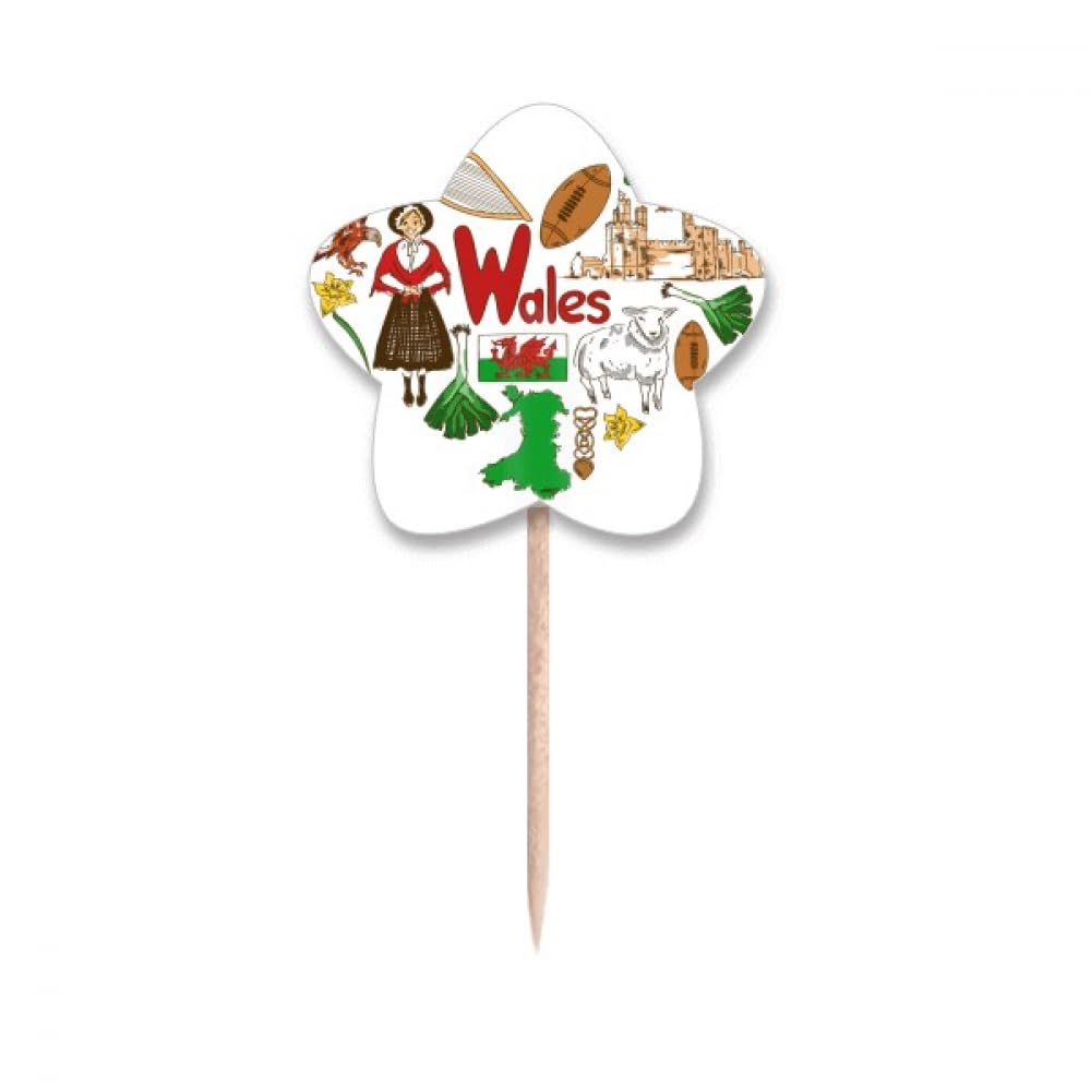 Pics à cupcakes drapeau du Pays de Galles cœur en papier rigide et bois naturel