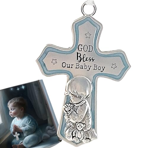 Image of elskandi Crib Cross God Bless This Baby Boy Wall Art for Nursery - Baptism Gifts for Baby Boys Christening Gifts for Boys Baptism Baby Dedication Gift