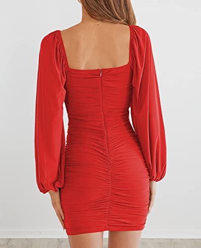 Image of MEROKEETY Women Square Neck Lantern Long Sleeve Mesh Ruched Bodycon Clubwear Mini Dress