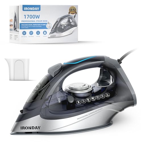 IRONDAY 1700W Steam Iron for Clothes 20s Fast Heat-up, Iron with 10.14oz Water Tank, Non-Stick Ceramic Soleplate, Auto-Off, Spray Mist & Steam Burst, Ironing Clothes for Home