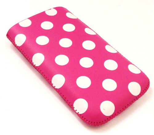 Emartbuy Motorola Motoluxe Polka Dots Hot Pink/White PU Leather Pouch/Case/Sleeve/Holder (X-Large) With Pull Tab Mechanism And LCD Screen Protector
