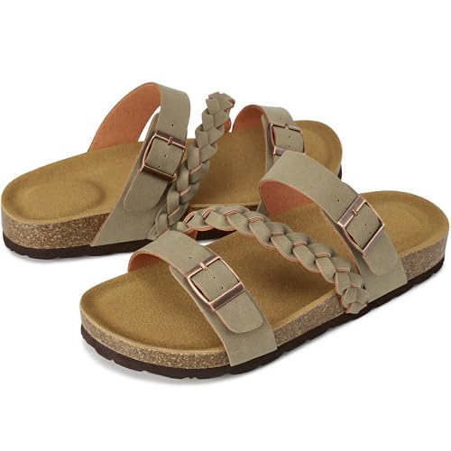 Image of HARENCE Flat Sandals for Women 2026 Comfort Cork Footbed with Adjustable Buckle Summer Slides for Women for Vacation Walking