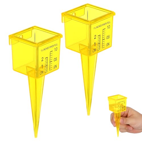 Image of Housoutil 2Pcs Rain Gauge Sprinkler Outdoor, 1.5 Inch Lawn Water Gauge, Measuring Tool for Accurate Rainfall Monitoring, Yellow Precision Measuring Cups for Garden Yard and Grass Watering