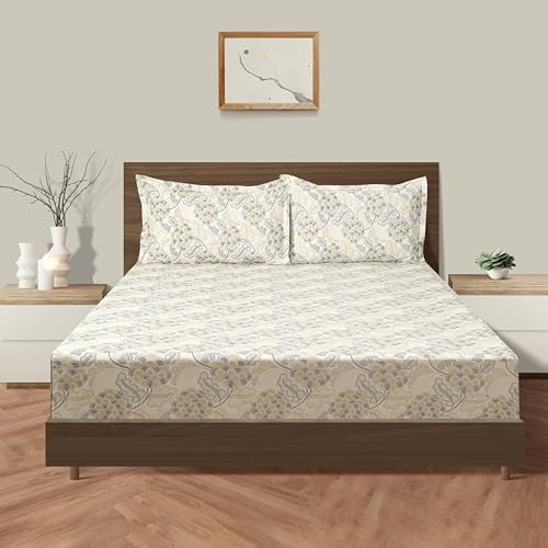 Image of Swayam Pure Cotton Double Bedsheet with 2 Pillow Covers | 160 TC Soft Breathable Bed Sheet | Floral Printed | Size 90 x 100 inch | Comfortable & Durable for Bedroom - Beige