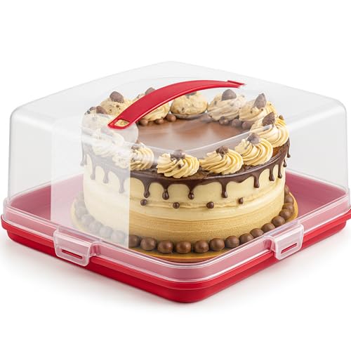 Meown Cake Carrier with Red Base & Handle, 27cm Square Cake Storage with Clip Lock Lid, Flip Base, Food Safe Plastic Cake Holder, Cake Saver Container for Transporting, Storing & Serving Cakes