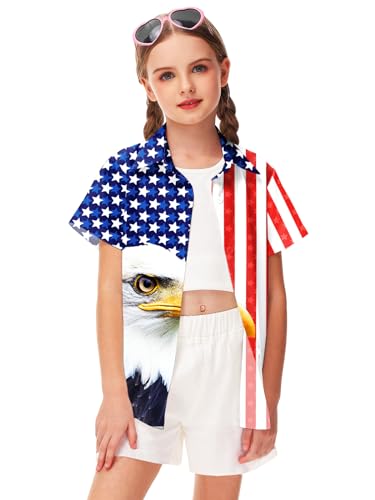 Image of Remimi Unisex Kids 4th of July Button Up Shirt Boys American Flag Print Hawaiian Beach Short Sleeve Tops 5-14 Years