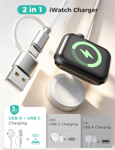 Image of 2 in 1 Design for Apple Watch Charger USB C+A Magnetic Charging Cable Portable Wireless Charging Accessories Compatible with iWatch Series 11 /10 /9 /8 /7 /6 /5 /4 /3 /2 Ultra 3 /2 /SE-3.3FT