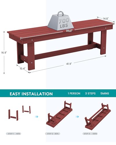 Image of SERWALL Outdoor Dining Set for 6, HDPE Dining Furniture Set with Umbrella Hole Cut-Out Table and 1 Dining Bench and 4 Chairs, All Weather Outdoor Dining Bench Sets, Red