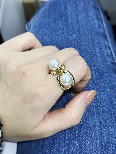 Image of Double Pearls Silk Scarf Ring Clip Brooch for Women Girls 10mm Artificial Shell Pearl Butterfly Bowknot Shawl Scarves Statement Finger Rings Size 8 Dainty Mother's Birthday Wedding Party Jewelry Gift