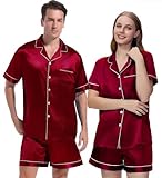 Guriyzee Couple Pajamas Set Satin Short Sleeve Sleepwear 2 Pcs Button Down Pjs Loungewear Women Wine Red Medium