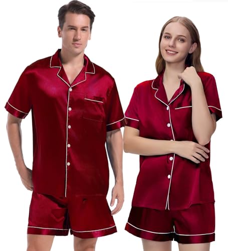 Couple Pajamas Set Men Satin Short Sleeve Sleepwear 2 Pcs Button Down Pjs Loungewear Wine Red Small