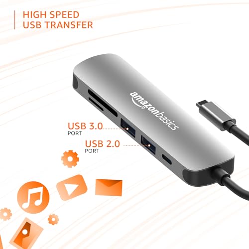 Image of Amazon Basics 6-in-1 Hub Multiport Adapter, USB Type-C with Aluminium Shell, HDMI 4K, 1xUSB 3.0, 1xUSB 2.0, 60W PD, SD /TF Card Reader for MacBook Pro, MacBook Air, Type-C Devices