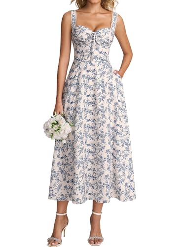 Image of KUTUMAI Floral Corset Midi Dresses for Women 2026 Lace Up Flowy Summer Wedding Guest Dress with Pockets