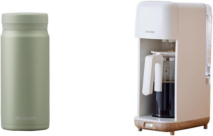 Iris Ohyama Screw Mug Bottle, 11.8 fl oz (350 ml), Pale Green x Drip Type Coffee Maker, Ivory
