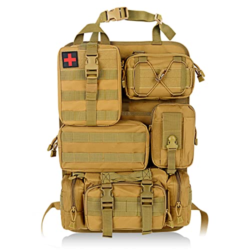 Universal Tactical Vehicle Seat Back Organizer with 5 Detachable Molle Pouch, Medical Pouch, Phone Pouch, 3 Different Size Admin Pouch Vehicle Panel Organizer Storage Bag with Multi-Pocket
