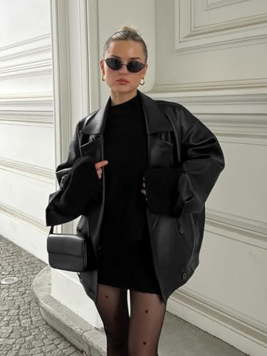 Molilove Womens Faux Leather Jacket Button Down Oversized Motorcycle Bomber Jacket Fall Fashion Winter Coat Outerwear2