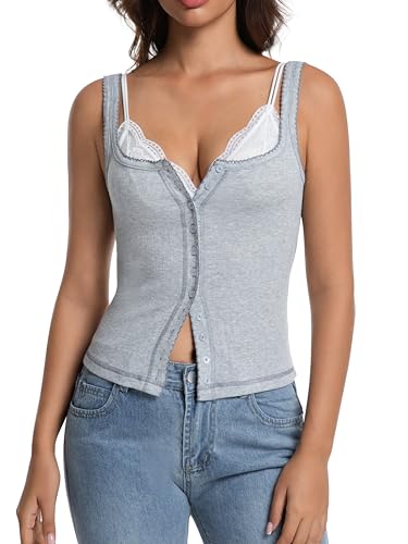 Button Down Ribbed Tank Tops for Women Sleeveless Going Out Tops Lightweight Cotton T Shirts Sexy Y2K Slim Vest