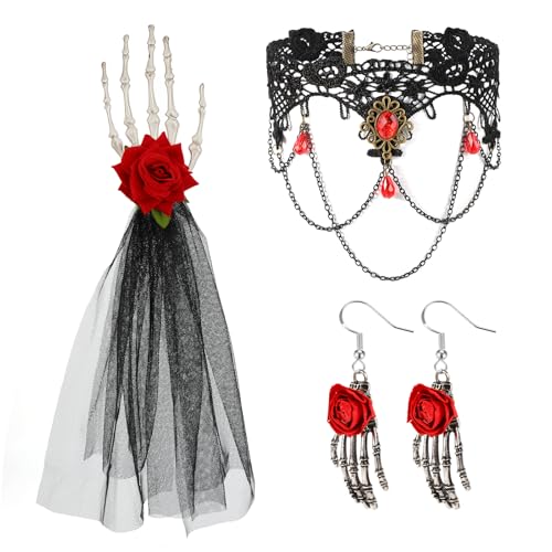 Design unico: Questo fermaglio per capelli e orecchini di Halloween presentano mani scheletriche e fiori rossi. Gli elementi scheletrici aggiungono un tocco di spettralità, mentre le rose rosse artificiali non appassiranno né sbiadiranno, aggiungendo un colore più vivace al tuo costume per la festa di Halloween o per il palcoscenico. La collana in pizzo in stile gotico infonde al tuo look un accenno di fascino vintage e romantico.