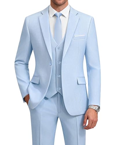 Lista de Pantalones de esmoquin para Hombre los más solicitados. 42 WULFUL - Traje de 3 piezas para hombre, ajuste delgado, chamarra de un botón, traje de esmoquin para graduación, boda y negocios, Azul claro, M