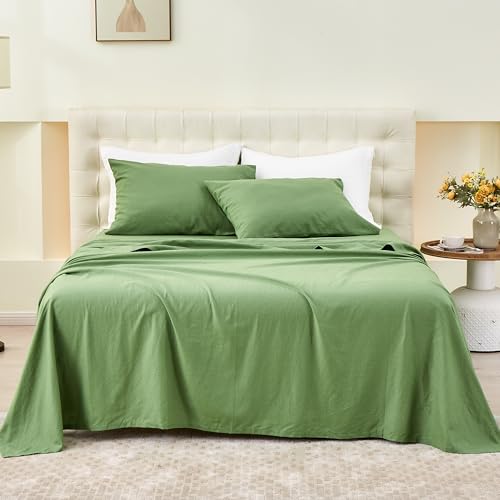 Simple&Opulence Belgian Linen Sheet Set Solid Color - 4 Pieces (1 Flat Sheet & 1 Fitted Sheet & 2 Pillowcases) Natural Flax Cotton Blend Soft Bedding Breathable Farmhouse - Khaki Green, King Size