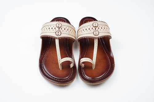 Image of Women's Kolhapuri Sandals - Handcrafted Leather Flats Chappals with Toe Ring, Comfortable Slip-On Ethnic Footwear with Embroidery & TPR Leather Sole