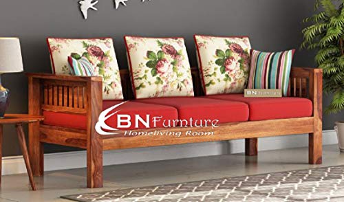 Image of BN Furniture Solid Sheesham Wood Sofa Set 6,5,3&2 Seater Cushioned Back for Living Room Stylish, Durable & Comfortable for Home, Office, Hall, Guest Room (red Cushion 3 Seater, 3 Seater)