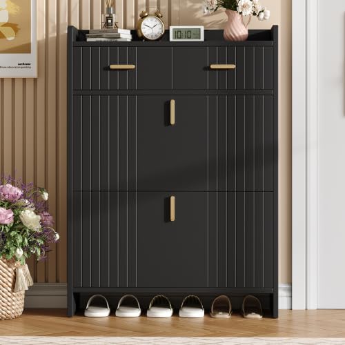Scarpiera 75 cm nero, 2 ribaltabili, 1 cassetto, design moderno
