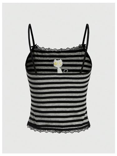 Floerns Women's Sleeveless Cat Embroidery Striped Scoop Neck Contrast Lace Cami Tops2