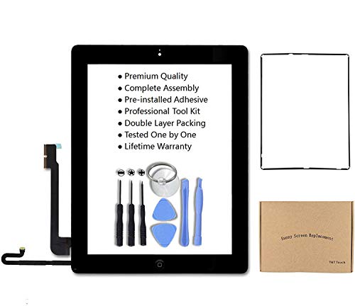 For iPad 4 Model A1458, A1459, A1460 Black Screen Replacement Touch Screen Digitizer Glass Assembly Includes Home Button Camera Holder Installed Adhesive Stickers Bezel Frame and Professional Tool Kit