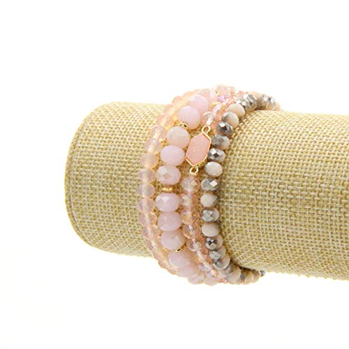 Image of Gold Beaded Bracelet Set, Square Stone Hexagon Druzy Stretch Beaded Stackable Bracelets Bangles